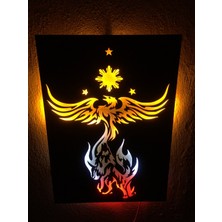 Çakra 3D Anka Kuşu-Kurt Silüetli LED Işıklı Tablo Ahşap 50X35CM