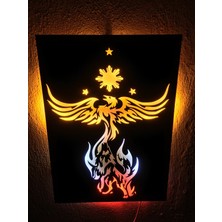 Çakra 3D Anka Kuşu-Kurt Silüetli LED Işıklı Tablo Ahşap 50X35CM