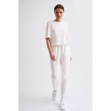 RECOLOR Regular Fit Kısa Kollu Kadın Crop Tişört - Ekru Ekru - S