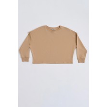 RECOLOR Uzun Kollu Kadın Crop Sweatshirt - Bej Bej - Xs