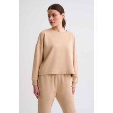 RECOLOR Uzun Kollu Kadın Crop Sweatshirt - Bej Bej - Xs