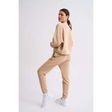 RECOLOR Uzun Kollu Kadın Crop Sweatshirt - Bej Bej - Xs
