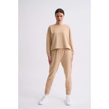 RECOLOR Uzun Kollu Kadın Crop Sweatshirt - Bej Bej - Xl