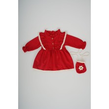 Miniko Kids Kız Bebek Uzun Kol Papatya Desenli Çantalı Elbise Kırmızı Renkli Şık Stil