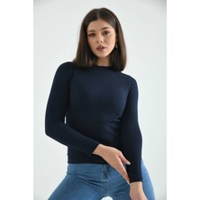 Moviment Lacivert Dik Yaka Uzun Kol Fitilli Örme Bluz