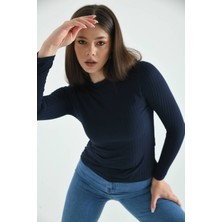 Moviment Lacivert Dik Yaka Uzun Kol Fitilli Örme Bluz