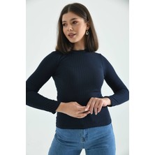 Moviment Lacivert Dik Yaka Uzun Kol Fitilli Örme Bluz