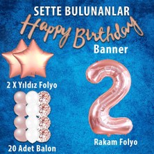 Patladı Gitti Rose Gold Konsept 2 Yaş Doğum Günü Kutlama Seti; Beyaz Gold Konfetili Balon, Rakam Yıldız Folyo ve Banner