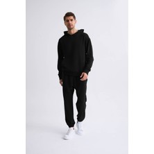 RECOLOR Organik Kapüşonlu Uzun Kollu Erkek Sweatshirt Siyah Siyah Xxl