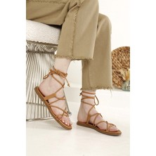 Ccway Kadın İpli Bağlamalı Camel Sandalet Suni Deri Düz Topuklu Rahat Tasarım