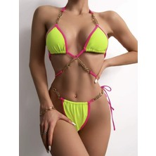 Elif Bilgin Butik Neon Yesil Boyundan Baglamalı Sexy Bikini Takımı