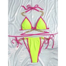 Elif Bilgin Butik Neon Yesil Boyundan Baglamalı Sexy Bikini Takımı