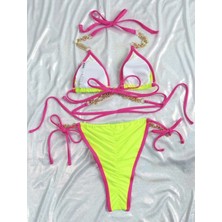 Elif Bilgin Butik Neon Yesil Boyundan Baglamalı Sexy Bikini Takımı