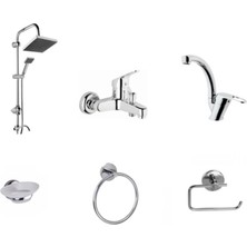 Elmina Armatür Robot Duş Seti Banyo Bataryası Lavabo Bataryası Sabunluk Havluluk Wc Kagıtlık 6'lı Set