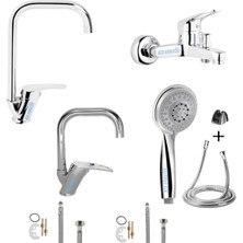 Elmina Armatür Köşe Borulu Mutfak Lavabo Banyo Bataryası Musluğu Duş Başlığı 4'lü Ful Set