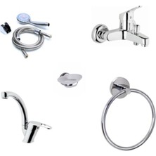 Elmina Armatür Banyo Bataryası Lavabo Bataryası Yuvarlak Havluluk Sabunluk Duş Alosu 5'li Set