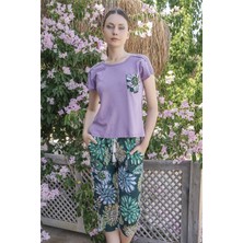 Jiber Kadın Lila Çiçekli Kapri  Takım 10051