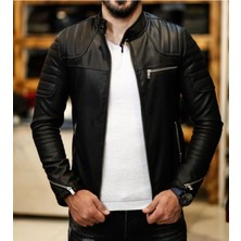 North Fashion Erkek Siyah Deri Mont Ceket Iç Cepli Omuz Çizgili Model