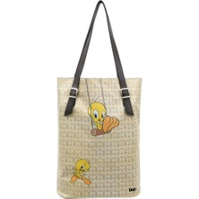 Kadın Vegan Deri Krem Omuz Çantası - Warner Bros Tweety Moods Tasarım