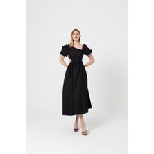Berse Butik Siyah Asimetrik Yaka Midi Boy Elbise