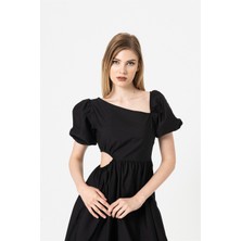 Berse Butik Siyah Asimetrik Yaka Midi Boy Elbise