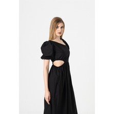 Berse Butik Siyah Asimetrik Yaka Midi Boy Elbise