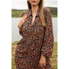 Berse Butik Siyah Çıtır Çiçek Desenli Viskon Elbise