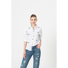 Berse Butik Beyaz Etnik Desen Nakışlı Keten Gömlek