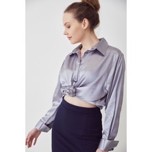 Oversize Saten Gömlek-Gri