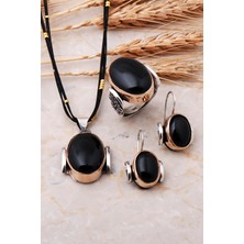 Sümer Telkari Oltu Taşlı Çekiç Dövme El Yapımı Gümüş Set 1027