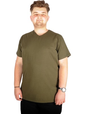 ModeXL Büyük Beden T-Shirt V Yaka Likralı 20150 Haki
