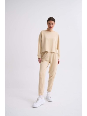 RECOLOR Organik Cepli Regular Fit Bağcıklı Kadın Eşofman Altı Açık Bej Açık Bej L