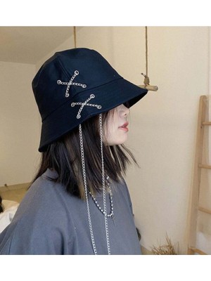 Bite Nose Unisex K Pop Tasarım Zincirli Bucket Şapka