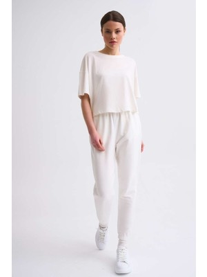 RECOLOR Regular Fit Kısa Kollu Kadın Crop Tişört - Ekru Ekru - S