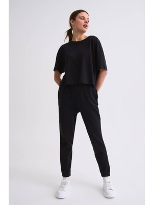 RECOLOR Regular Fit Kısa Kollu Kadın Crop Tişört - Siyah Siyah - S