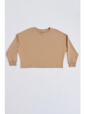 RECOLOR Uzun Kollu Kadın Crop Sweatshirt - Bej Bej - Xs