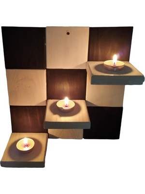 Ahşap Siyah Beyaz Duvar Çeçekliği Süsü Tealight Mum Mumluk Seti