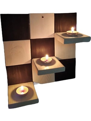 Ahşap Siyah Beyaz Duvar Çeçekliği Süsü Tealight Mum Mumluk Seti