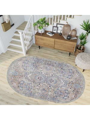 Rovigo Home Dijital Baskı Yıkanabilir Deri Taban Oval Salon Halısı RVG3245-SD1124