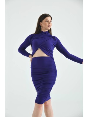 Moviment Mor Bodycon Büzgülü Midi Örme Etek