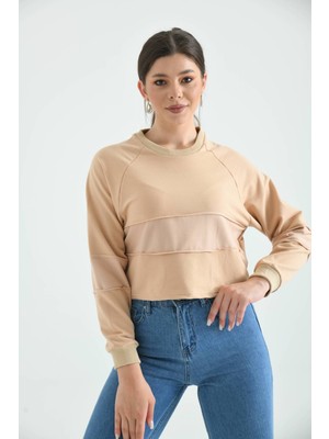 Moviment Bej Crop Ince Örme Sweatshirt