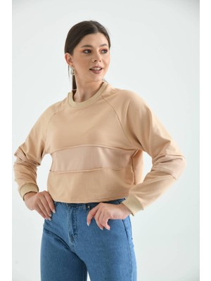 Moviment Bej Crop Ince Örme Sweatshirt