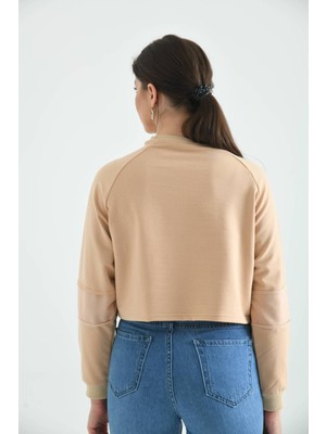 Moviment Bej Crop Ince Örme Sweatshirt