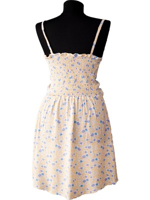Shine Krem Çiçek Desenli  Askılı Mini Elbise