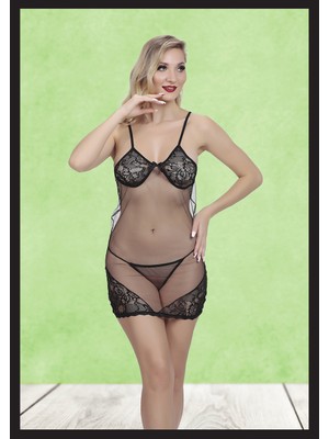 loe culotte Kadın Siyah Dantel Detaylı Seksi Fantezi Tül Gecelik