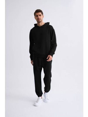 RECOLOR Organik Kapüşonlu Uzun Kollu Erkek Sweatshirt Siyah Siyah M