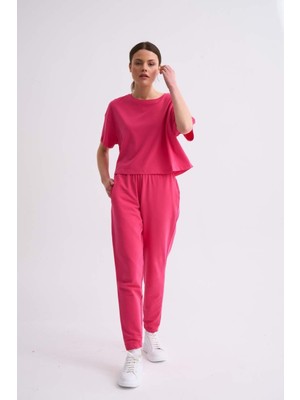 RECOLOR Organik Regular Fit Kısa Kollu Kadın Crop Tişört Pembe Pembe S