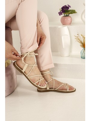 Ccway Kadın Ip Bağlamalı Sandalet  Krem
