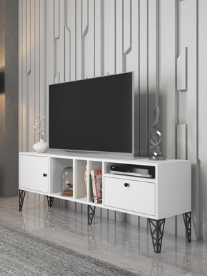 Wood'n Love Cercei 160 cm Metal Ayaklı Tv Ünitesi - Beyaz / Siyah