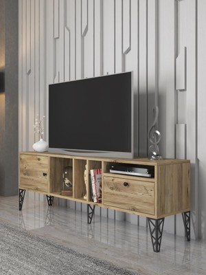 Wood'n Love Cercei 160 cm Metal Ayaklı Tv Ünitesi - Atlantik Çam / Siyah